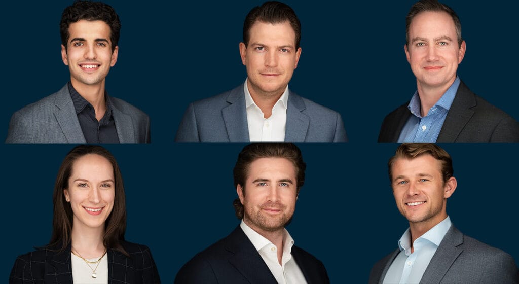 headshots of 6 individuals - business people, blue backdrop showing uniform between all six