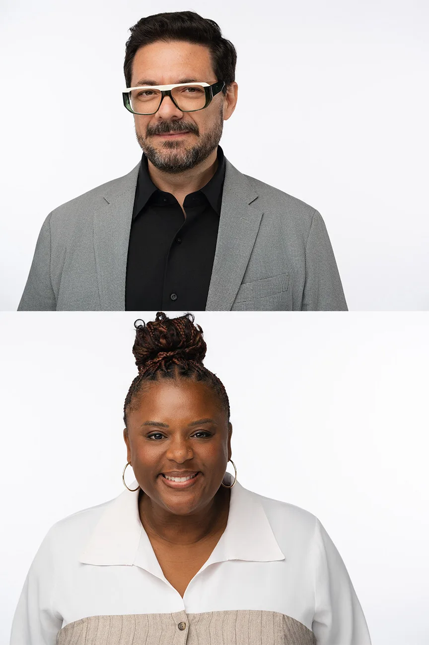 Two professional headshots demonstrating white background options
