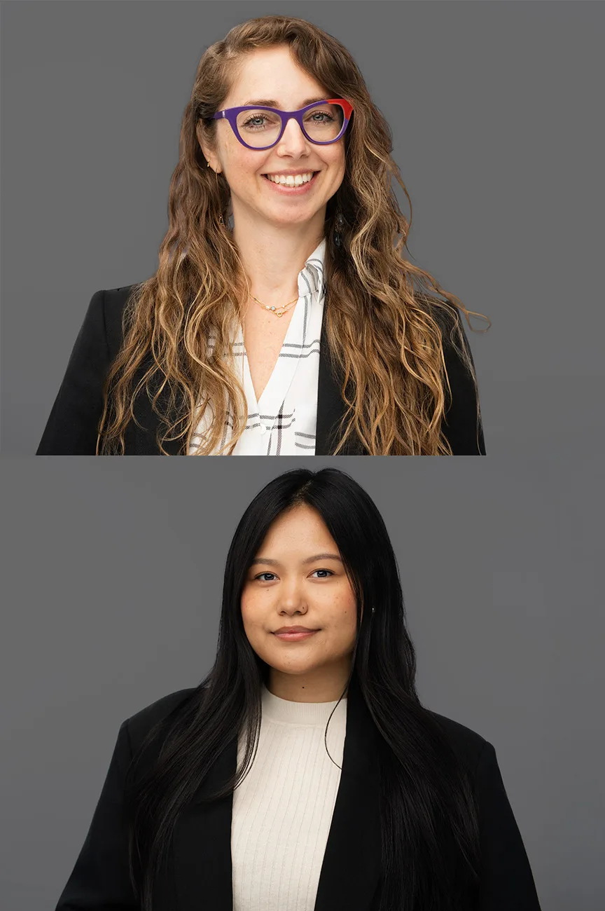 Two professional headshots demonstrating gray backdrop options
